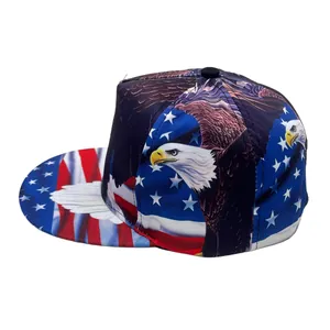 Flat brim baseball cap featuring a bald eagle and US flag print in a patriotic style