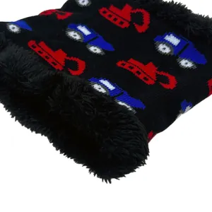 Close-up of kids winter neck warmer showing the thick black plush lining and knit texture