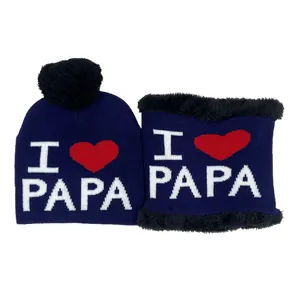 Set cappello e scaldacollo bimbi blu navy con scritta I love PAPA e pompon nero