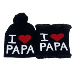 Set invernale in maglia per bambini con cappello con pompon e sciarpa I Love PAPA