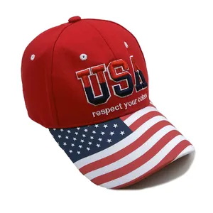 Red baseball cap with 3D USA embroidery and American flag printed visor design