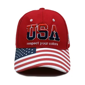 Red baseball cap with USA embroidery and American flag pattern on the brim