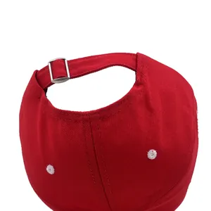 Red cotton baseball cap back view featuring adjustable strap with silver metal buckle