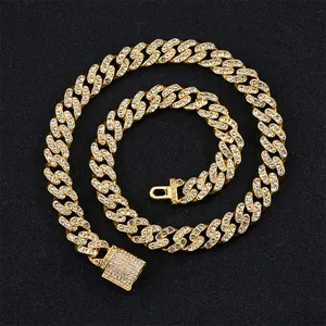 Iced out gold Cuban link necklace with colorful rhinestones for street style streetwear