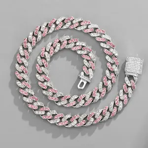 Hip hop Cuban link necklace with pink and white rhinestones on silver metal base