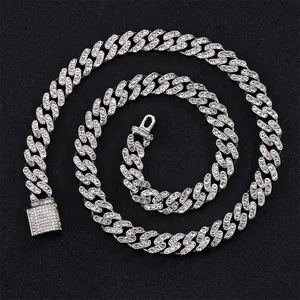 Iced out silver Cuban link chain necklace with white crystals and box clasp