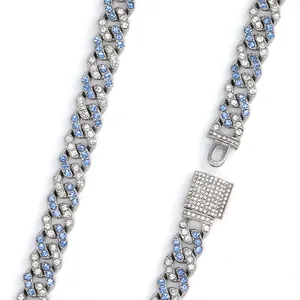 Hip hop Cuban link necklace with sky blue and white crystals on silver-toned alloy
