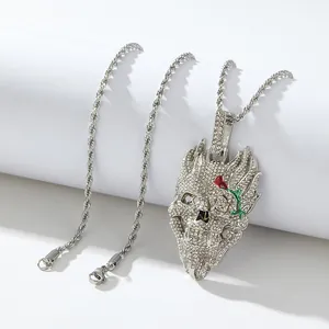 Hip hop skull pendant with red rose and white crystals on silver rope chain
