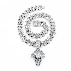 Hip hop skull pendant necklace with silver Cuban chain and sparkling rhinestones