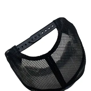 Breathable black mesh trucker hat with adjustable snapback closure for outdoor activities