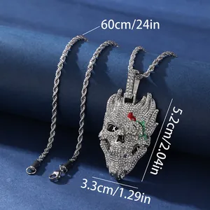 Hip hop skull pendant necklace with red rose eye and iced out rhinestones on rope chain