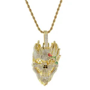 Hip-hop skull pendant necklace with sparkling rhinestones and a red rose gold twist chain