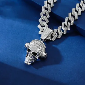 Hip hop pirate skull pendant with headphones and iced out Cuban link chain set