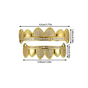 Macro detail of gold plated hip hop grillz with full zircon inlay and size measurements
