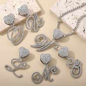 Sparkling crystal cursive letter heart pendant with silver tennis chain for women