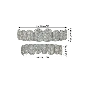 Detailed size specifications for silver hip hop grillz with set cubic zirconia stones