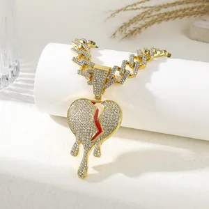 Hip Hop Iced Out Broken Heart Pendant Necklace For Men Alloy Zirconia Cuban Link Rope Chain Punk Streetwear Jewelry