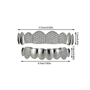 Detailed size specifications for silver iced-out hip hop grillz set with cubic zirconia