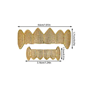 Detailed dimensions of gold hip hop grillz set with micro paved cubic zirconia