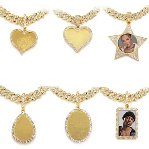 Custom hip hop photo pendant necklace with iced out rhinestones and golden cuban link chain