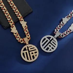 Chunky gold and silver Cuban chain necklaces with Fu character pendants and red rhinestones
