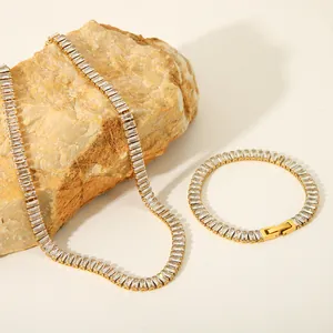 18K gold plated tennis jewelry set with emerald cut zircons necklace and bracelet