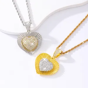 Hip hop style heart pendant necklace with rhinestones and rope chain in gold and silver
