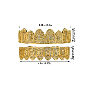 Hip hop gold plated grillz with CZ stones showing size dimensions of 4.84cm and 4.7cm