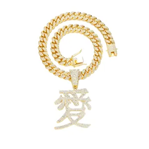Gold plated hip hop necklace with icy rhinestone encrusted Chinese Love character pendant