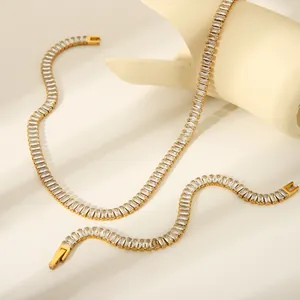 Luxury Stainless Steel Baguette Zirconia Necklace And Bracelet Combination Gold Silver Plated Geometric Jewelry For Women Party Accessory