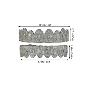 Detailed view of silver Hiphop grillz with clear dimensions of top and bottom pieces