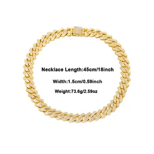 Detail of gold Cuban link chain with paved rhinestones showing 1.5cm width and 45cm length