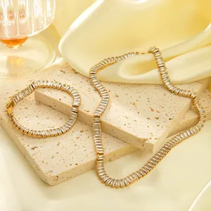 Luxury 18K gold plated stainless steel necklace and bracelet set with baguette zircon stones