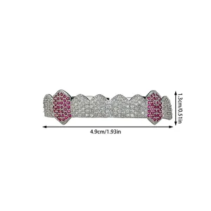 Detailed size view of silver hiphop grillz with pink gems and zircons 4.9cm x 1.3cm