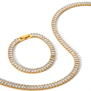 18K gold plated jewelry set featuring baguette-cut zircon necklace and bracelet