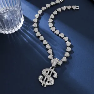 Hip Hop Dollar-Anhänger Halskette mit Herzgliederkette und funkelnden weißen Glassteinen