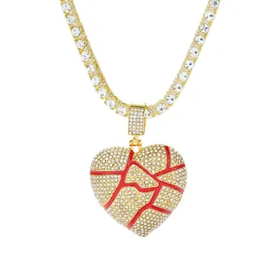 Hip hop iced out broken heart pendant necklace with gold tennis chain and crystals