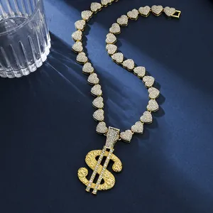 Hip-Hop Goldkette mit Herzgliedern und eisgekühltem Dollarzeichen-Anhänger