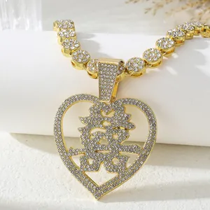 Gold plated hip hop necklace with heart pendant and Chinese Double Happiness symbol