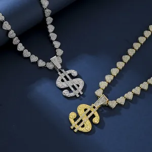 Hip Hop Dollarzeichen Anhänger Halskette Iced Out Strass Legierung Herz Gliederkette Panzerkette Gold Silber Überzogen Schmuck Herren