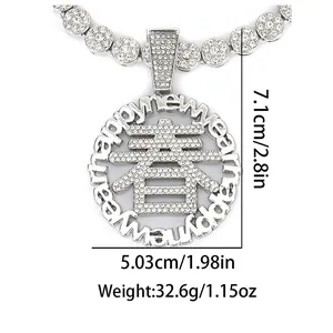 Detail view of silver hip hop pendant with sparkling crystals and Chun character