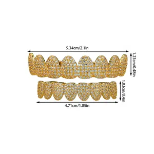 Detailed view of hip hop gold-plated grillz set with clear cubic zirconia and dimensions