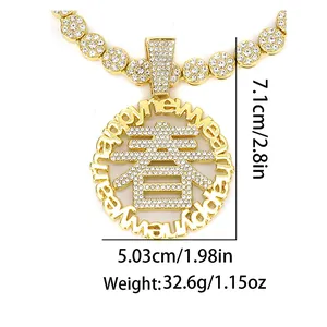 Macro view of gold-plated Fu pendant necklace with encrusted rhinestones and crystals