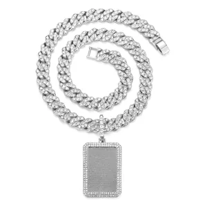 Close-up of iced out silver Cuban chain and rectangle pendant with micro pave cubic zirconia