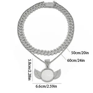 Hiphop silver pendant with wings design, iced out Cuban chain with size measurements