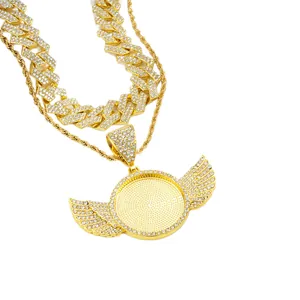 Golden hip hop necklace set with iced-out Cuban chain and DIY wing photo locket pendant