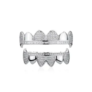 Hip hop silver fangs grillz set with sparkling zircon micro-pave for top and bottom teeth