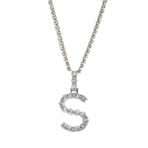 Zilveren S-letter hanger ketting met fonkelende tennisketting en zirkonia kristallen