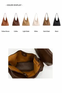 Detailed interior view and six color options for the minimalist leather tote bag