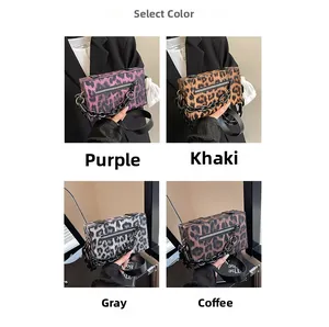 Detail view of leopard print crossbody bags in purple, khaki, grey and coffee colors